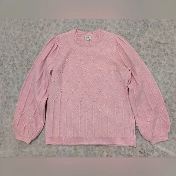 Cozy Pink Pearl Puff Sleeve Sweater | Winter Outfit Holiday Party Chic – Size M - Picture 2 of 16